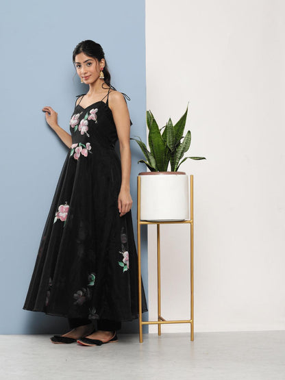 Black Hand Painted Floral Organza Anarkali Kurta Pant Set With Dupatta | LASVINI - Redefining Indian Fashion with Elegance
