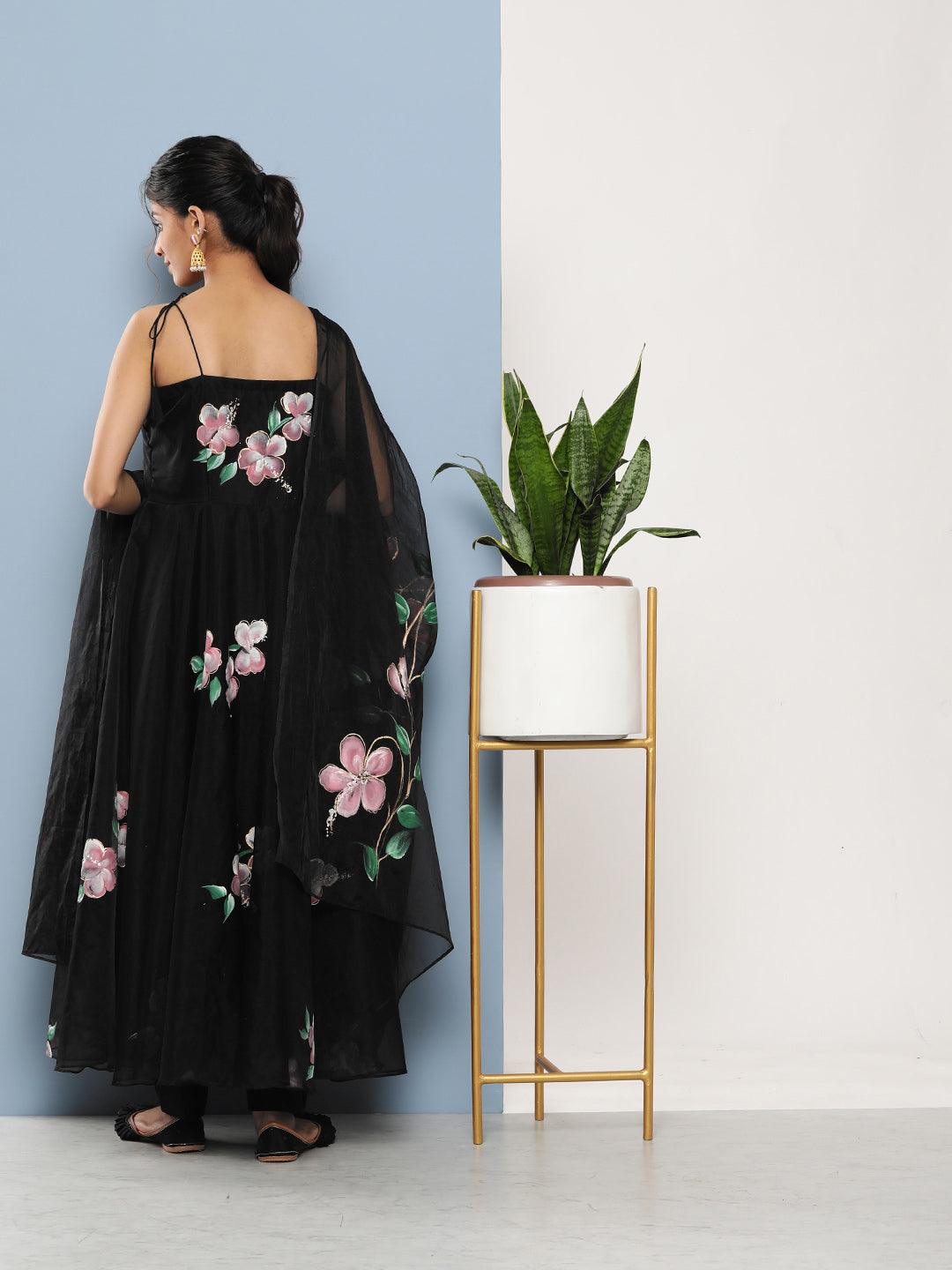 Black Hand Painted Floral Organza Anarkali Kurta Pant Set With Dupatta | LASVINI - Redefining Indian Fashion with Elegance
