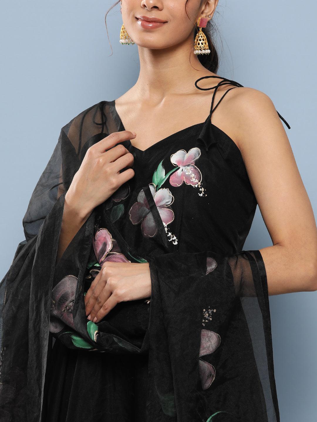 Black Hand Painted Floral Organza Anarkali Kurta Pant Set With Dupatta | LASVINI - Redefining Indian Fashion with Elegance