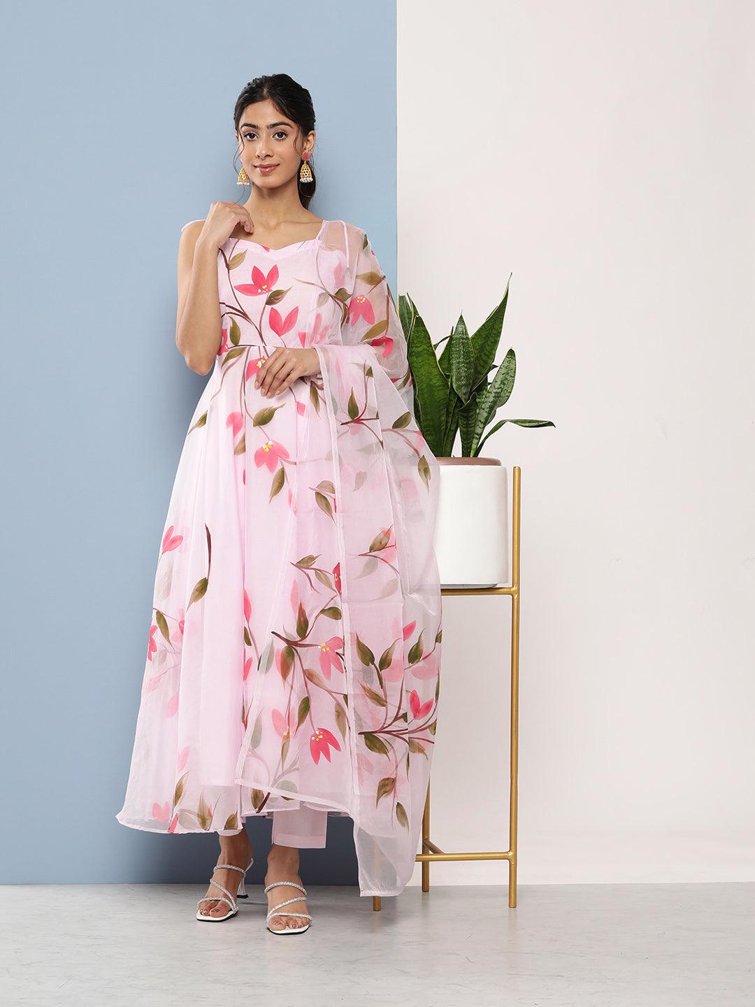 Pink Hand Painted Floral Organza Anarkali Kurta Pant Set With Dupatta | LASVINI - Redefining Indian Fashion with Elegance