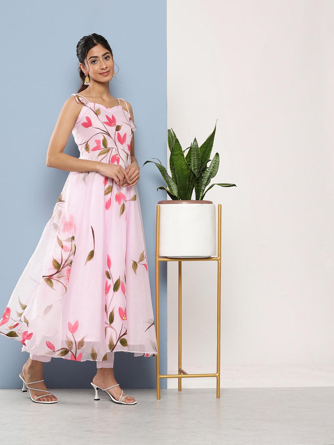 Pink Hand Painted Floral Organza Anarkali Kurta Pant Set With Dupatta | LASVINI - Redefining Indian Fashion with Elegance