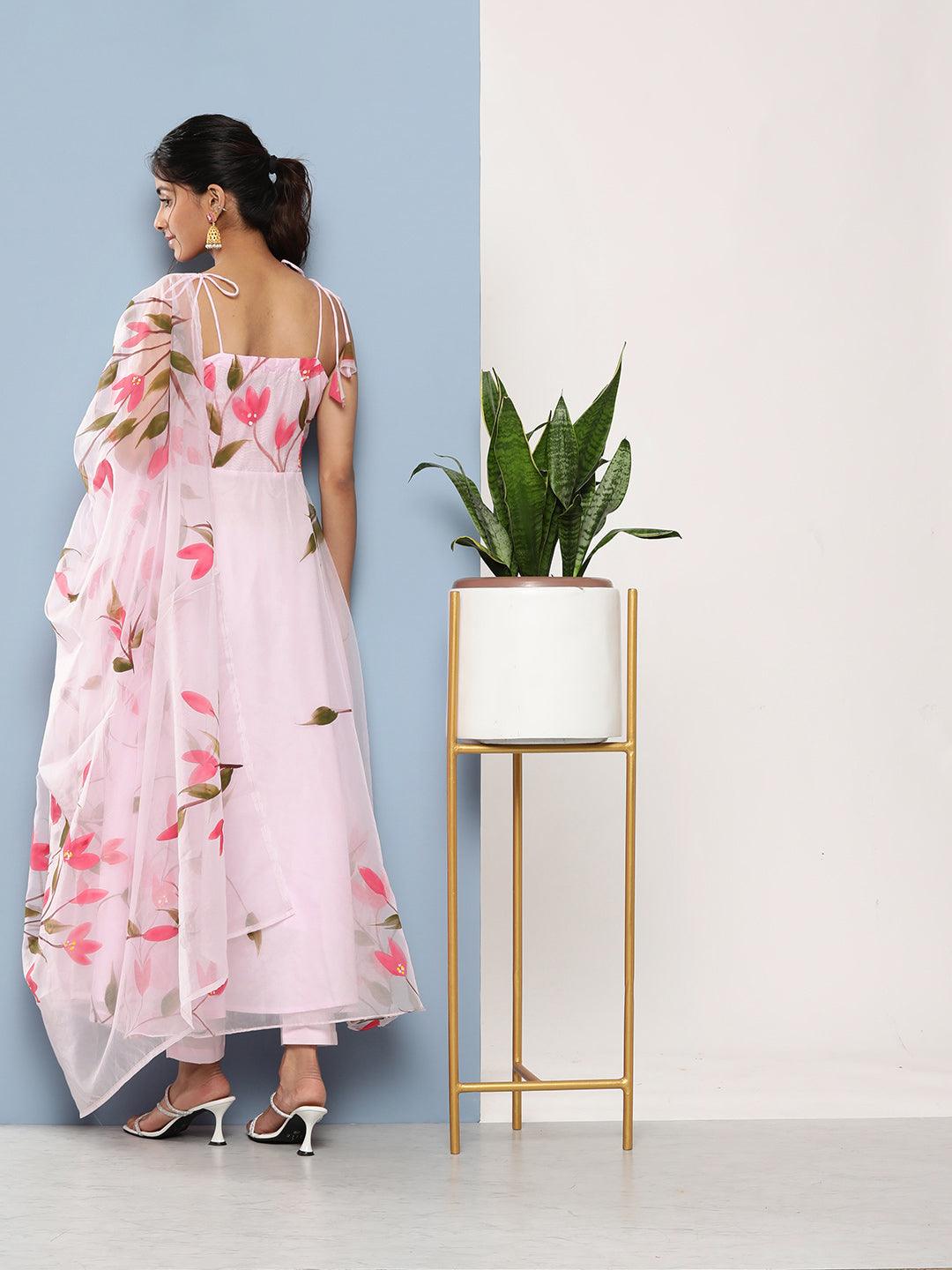 Pink Hand Painted Floral Organza Anarkali Kurta Pant Set With Dupatta | LASVINI - Redefining Indian Fashion with Elegance