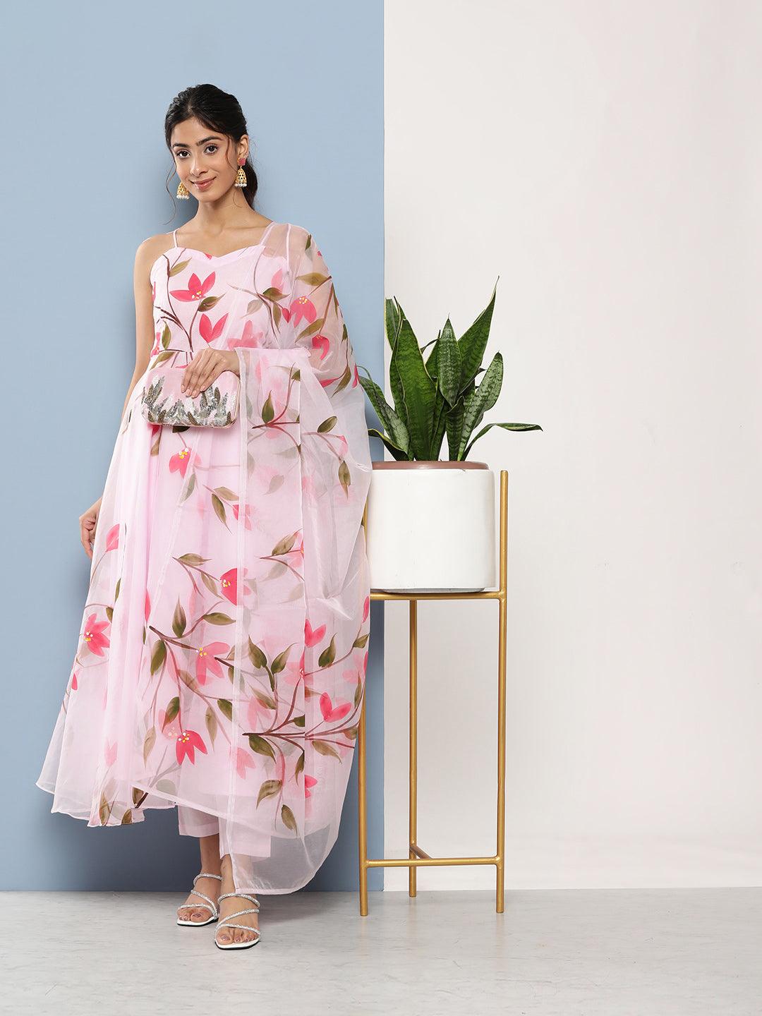 Pink Hand Painted Floral Organza Anarkali Kurta Pant Set With Dupatta | LASVINI - Redefining Indian Fashion with Elegance
