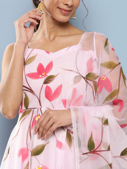 Pink Hand Painted Floral Organza Anarkali Kurta Pant Set With Dupatta | LASVINI - Redefining Indian Fashion with Elegance