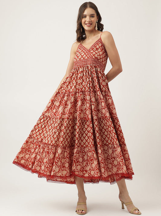 Maroon Floral Printed Cotton Tiered Dress | LASVINI - Redefining Indian Fashion with Elegance