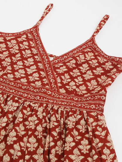 Maroon Floral Printed Cotton Tiered Dress | LASVINI - Redefining Indian Fashion with Elegance