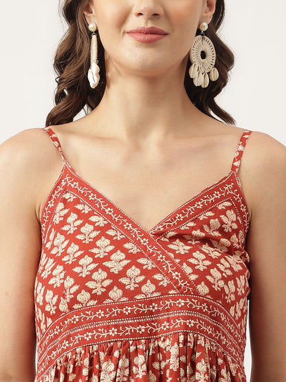 Maroon Floral Printed Cotton Tiered Dress | LASVINI - Redefining Indian Fashion with Elegance