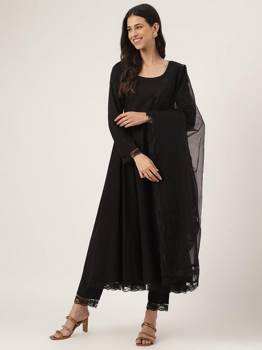 Black Solid Anarkali Kurta Pant Set With Dupatta | LASVINI - Redefining Indian Fashion with Elegance