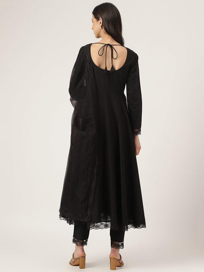 Black Solid Anarkali Kurta Pant Set With Dupatta | LASVINI - Redefining Indian Fashion with Elegance