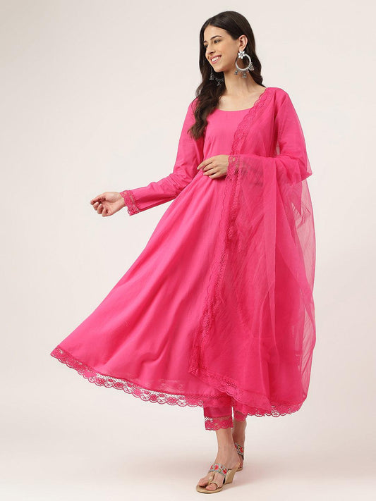 Pink Solid Anarkali Kurta Pant Set With Dupatta | LASVINI - Redefining Indian Fashion with Elegance