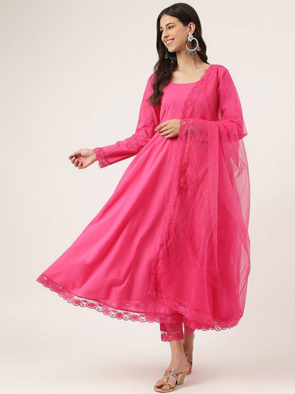 Pink Solid Anarkali Kurta Pant Set With Dupatta | LASVINI - Redefining Indian Fashion with Elegance
