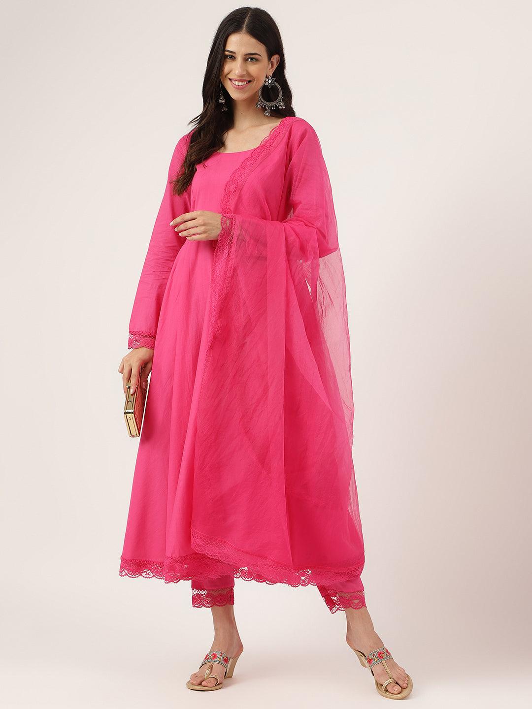 Pink Solid Anarkali Kurta Pant Set With Dupatta | LASVINI - Redefining Indian Fashion with Elegance