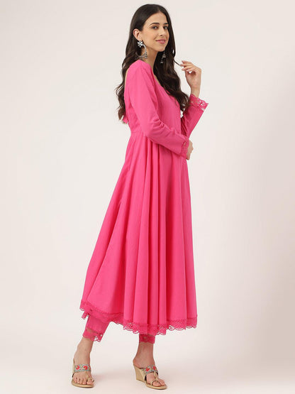 Pink Solid Anarkali Kurta Pant Set With Dupatta | LASVINI - Redefining Indian Fashion with Elegance