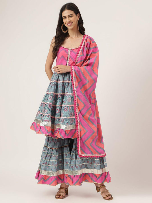 Turquoise Blue Cotton Sleeves Less Anarkali Sharara Set With Dupatta | LASVINI - Redefining Indian Fashion with Elegance
