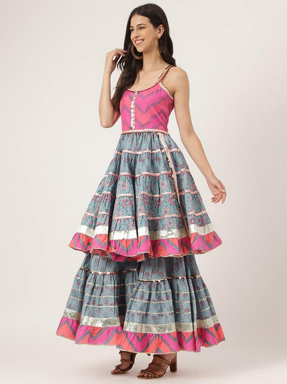 Turquoise Blue Cotton Sleeves Less Anarkali Sharara Set With Dupatta | LASVINI - Redefining Indian Fashion with Elegance