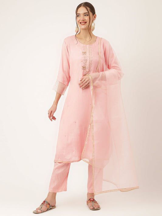 Baby Pink Embroidered Chanderi Kurta, Trouser With Dupatta | LASVINI - Redefining Indian Fashion with Elegance