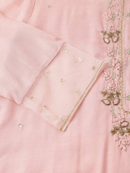 Baby Pink Embroidered Chanderi Kurta, Trouser With Dupatta | LASVINI - Redefining Indian Fashion with Elegance