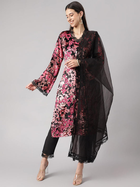 Pink Burn Out Velvet Kurta Haram Pant With Organza Dupatta | LASVINI - Redefining Indian Fashion with Elegance