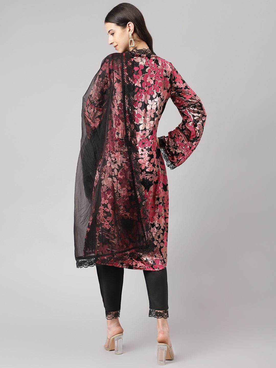 Pink Burn Out Velvet Kurta Harem Pant With Organza Dupatta | LASVINI - Redefining Indian Fashion with Elegance
