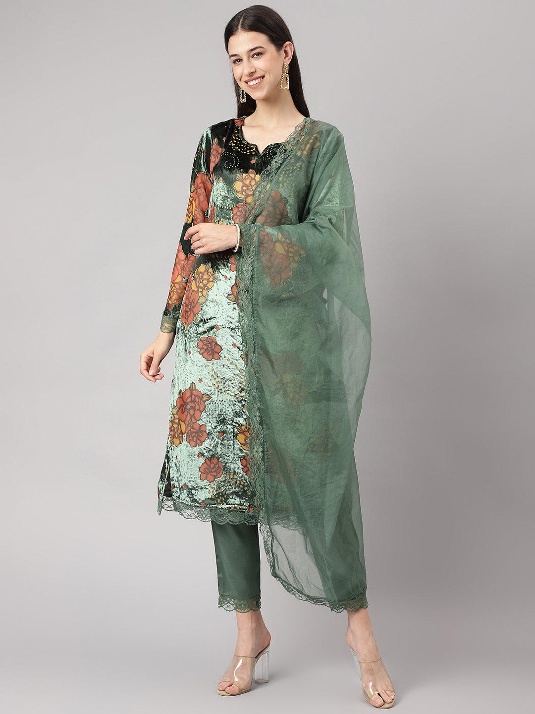 Green Burn Out Velvet Kurta Haram Pant With Organza Dupatta | LASVINI - Redefining Indian Fashion with Elegance