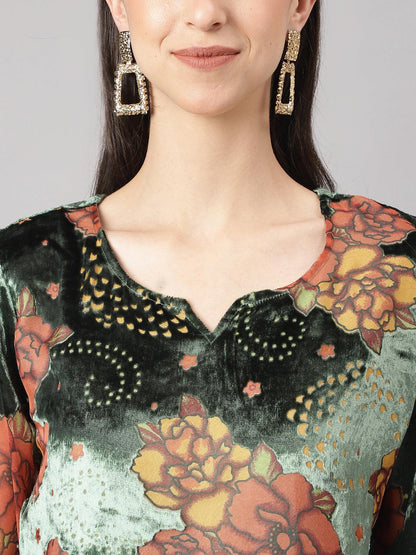 Green Burn Out Velvet Kurta Haram Pant With Organza Dupatta | LASVINI - Redefining Indian Fashion with Elegance