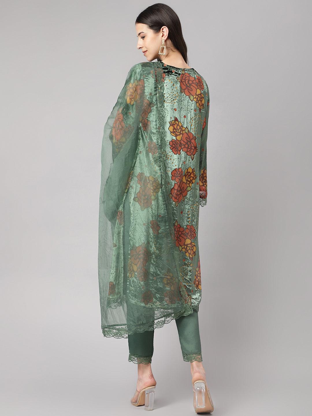 Green Burn Out Velvet Kurta Haram Pant With Organza Dupatta | LASVINI - Redefining Indian Fashion with Elegance