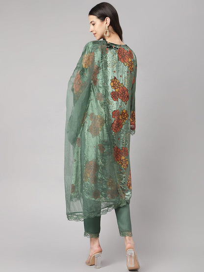 Green Burn Out Velvet Kurta Haram Pant With Organza Dupatta | LASVINI - Redefining Indian Fashion with Elegance