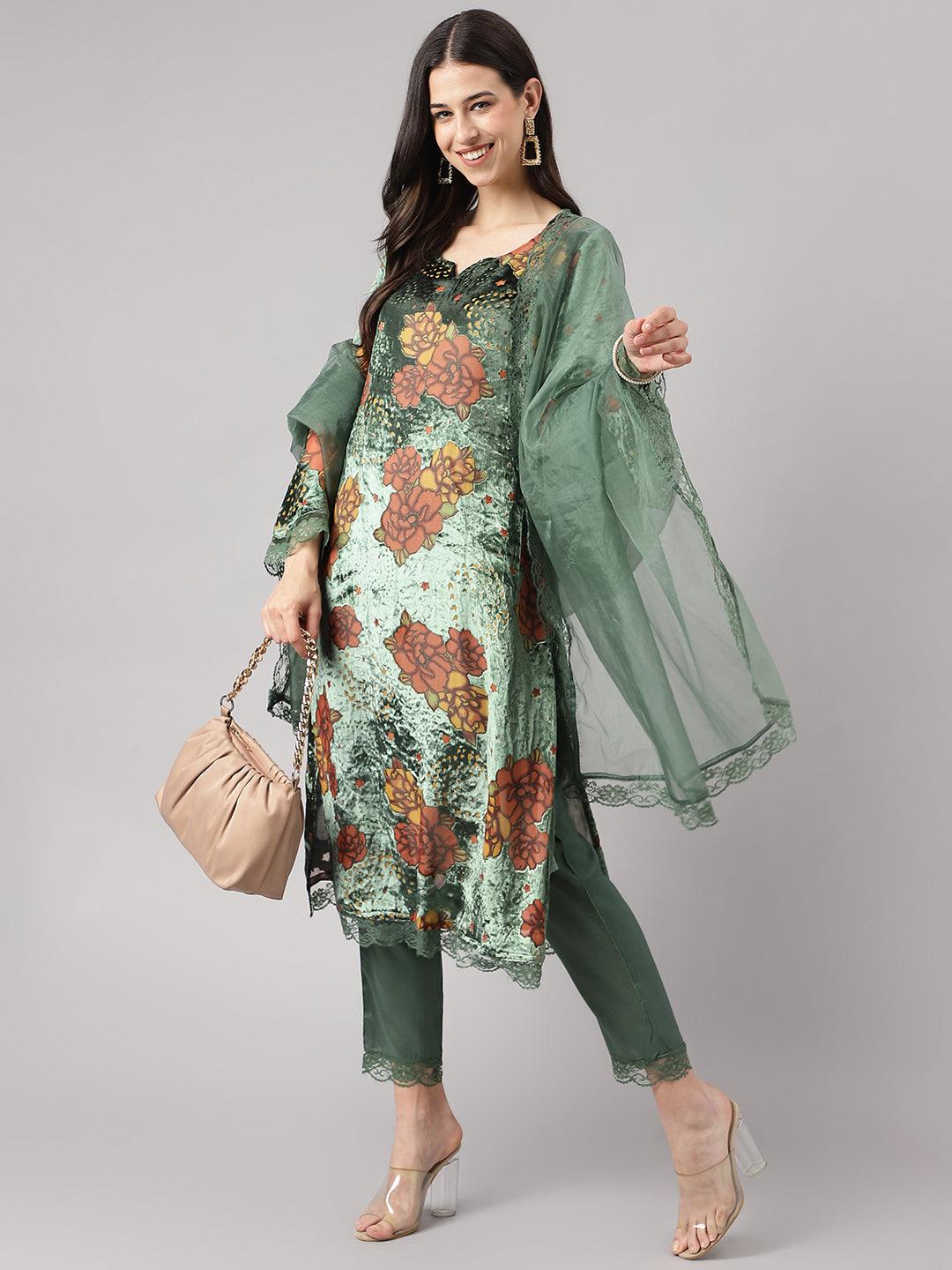 Green Burn Out Velvet Kurta Haram Pant With Organza Dupatta | LASVINI - Redefining Indian Fashion with Elegance
