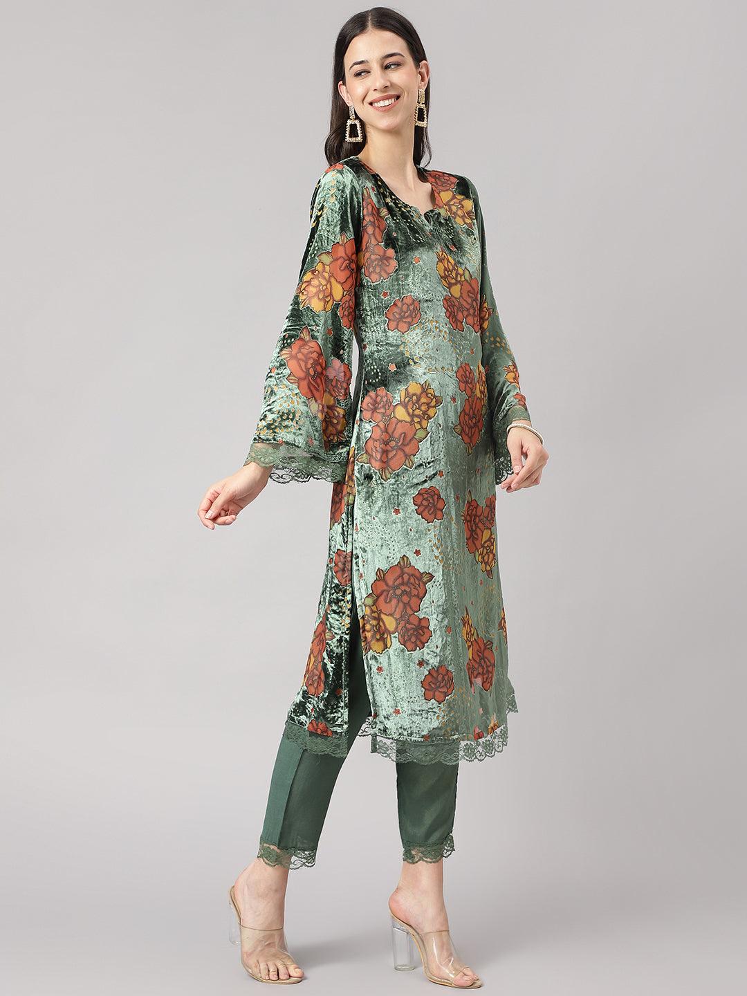 Green Burn Out Velvet Kurta Haram Pant With Organza Dupatta | LASVINI - Redefining Indian Fashion with Elegance