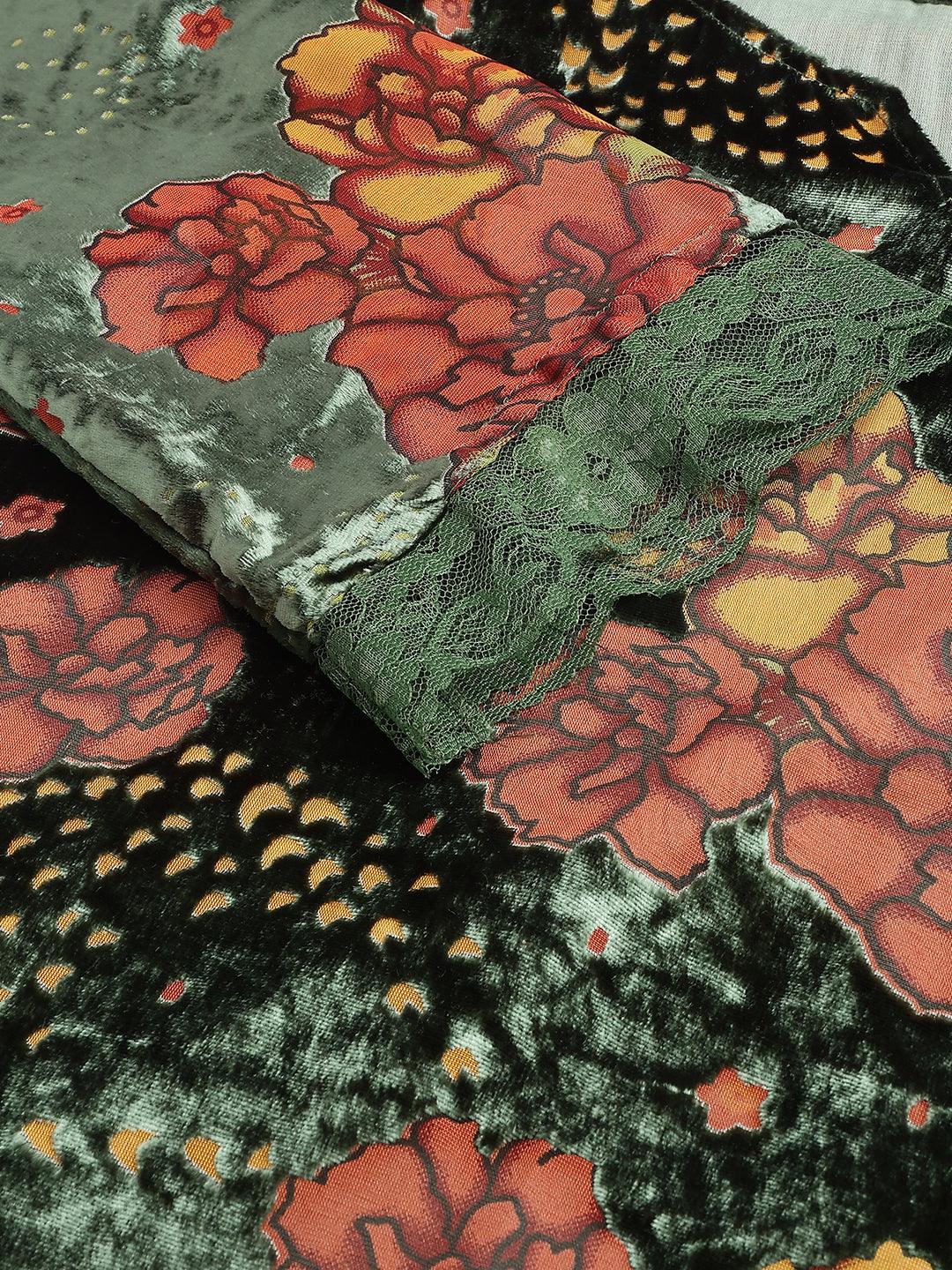 Green Burn Out Velvet Kurta Haram Pant With Organza Dupatta | LASVINI - Redefining Indian Fashion with Elegance