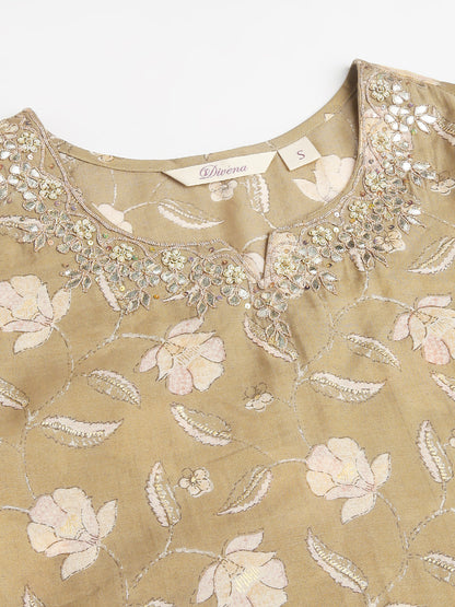Olive Embroidered Cotton Kurta Trouser With Dupatta Set | LASVINI - Redefining Indian Fashion with Elegance