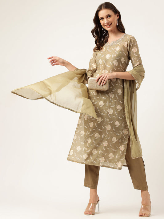 Olive Embroidered Cotton Kurta Trouser With Dupatta Set | LASVINI - Redefining Indian Fashion with Elegance