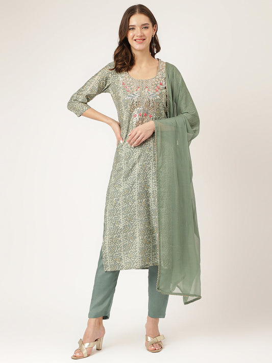 Green Floral Print Chanderi Kurta, Trouser With Dupatta | LASVINI - Redefining Indian Fashion with Elegance