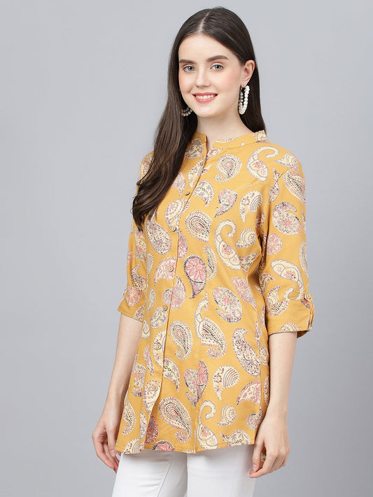 Women Mustard Floral Rayon A-Line Shirts Style Top | LASVINI - Redefining Indian Fashion with Elegance