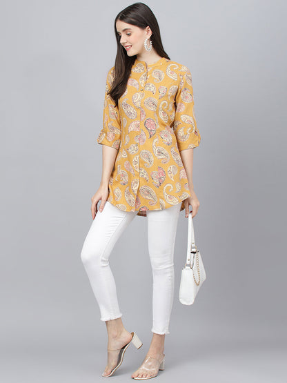 Women Mustard Floral Rayon A-Line Shirts Style Top | LASVINI - Redefining Indian Fashion with Elegance