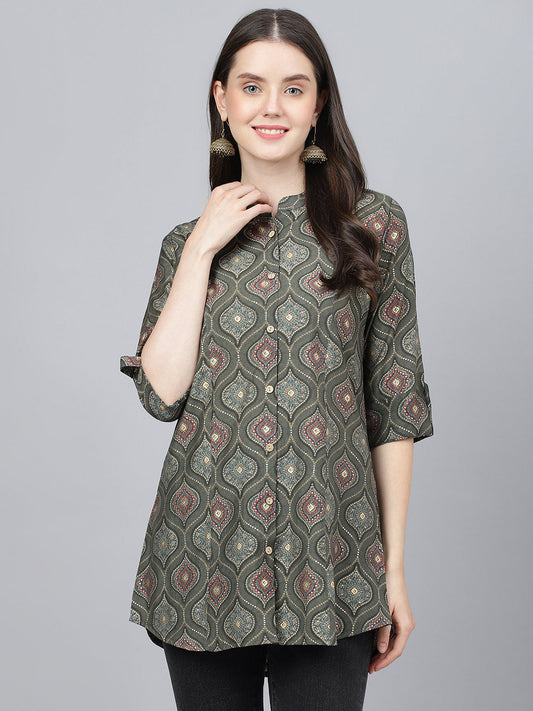 Women Gray Motif Printed Modal A-Line Shirts Style Top | LASVINI - Redefining Indian Fashion with Elegance