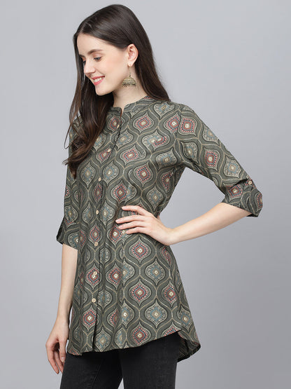 Women Gray Motif Printed Modal A-Line Shirts Style Top | LASVINI - Redefining Indian Fashion with Elegance