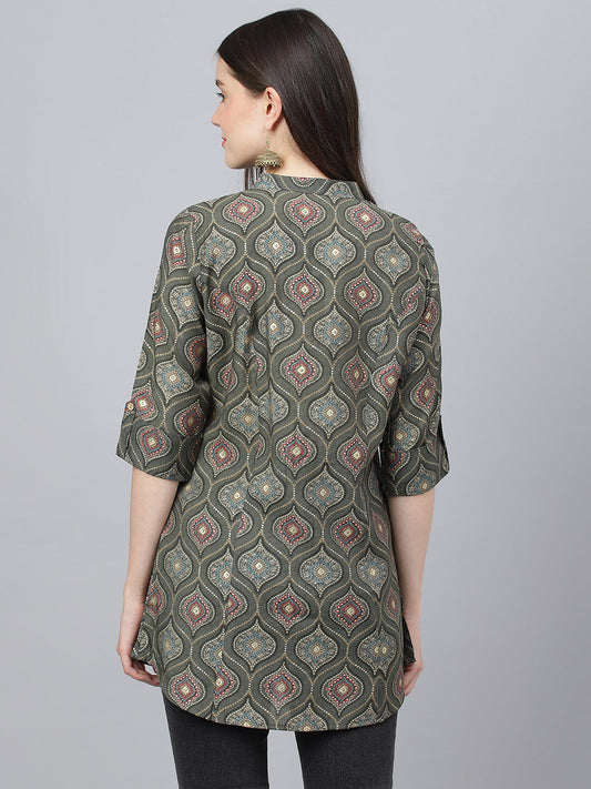 Women Gray Motif Printed Modal A-Line Shirts Style Top | LASVINI - Redefining Indian Fashion with Elegance