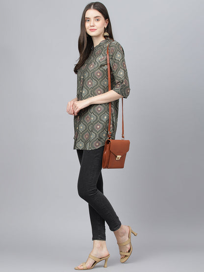 Women Gray Motif Printed Modal A-Line Shirts Style Top | LASVINI - Redefining Indian Fashion with Elegance