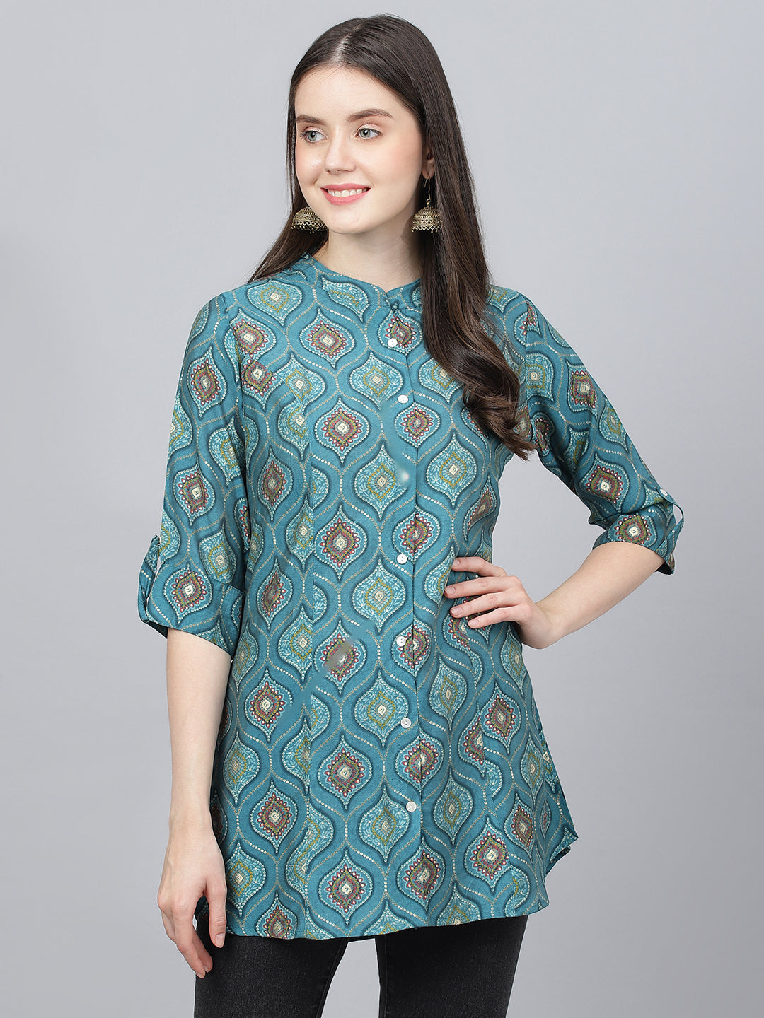 Women Teal Blue Motif Printed Modal A-Line Shirts Style Top | LASVINI - Redefining Indian Fashion with Elegance
