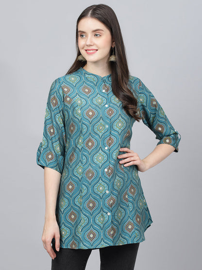 Women Teal Blue Motif Printed Modal A-Line Shirts Style Top | LASVINI - Redefining Indian Fashion with Elegance