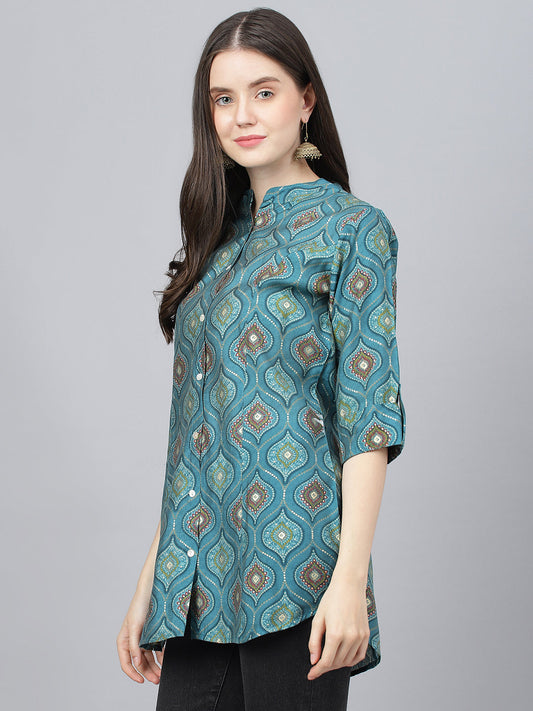 Women Teal Blue Motif Printed Modal A-Line Shirts Style Top | LASVINI - Redefining Indian Fashion with Elegance