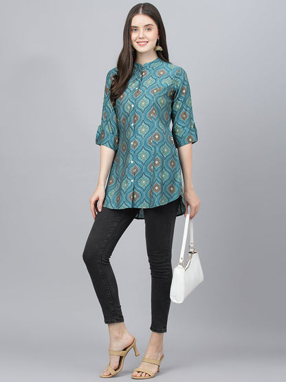 Women Teal Blue Motif Printed Modal A-Line Shirts Style Top | LASVINI - Redefining Indian Fashion with Elegance