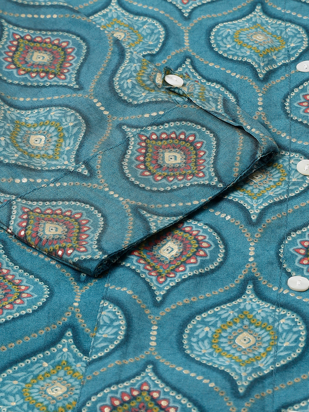 Women Teal Blue Motif Printed Modal A-Line Shirts Style Top | LASVINI - Redefining Indian Fashion with Elegance