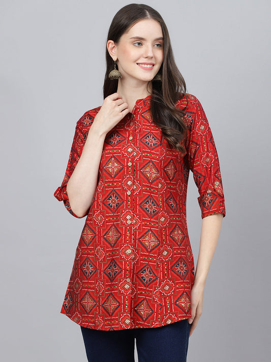 Women Red Bandhani Printed Modal A-Line Shirts Style Top | LASVINI - Redefining Indian Fashion with Elegance