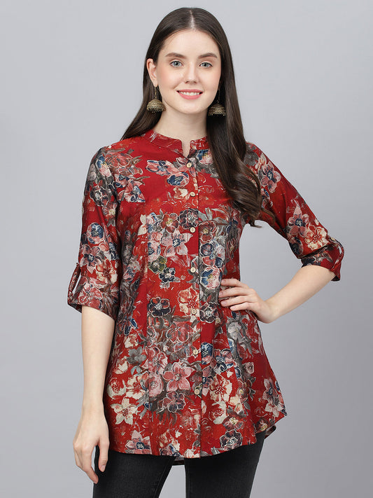Women Maroon Floral Printed Modal A-Line Shirts Style Top | LASVINI - Redefining Indian Fashion with Elegance