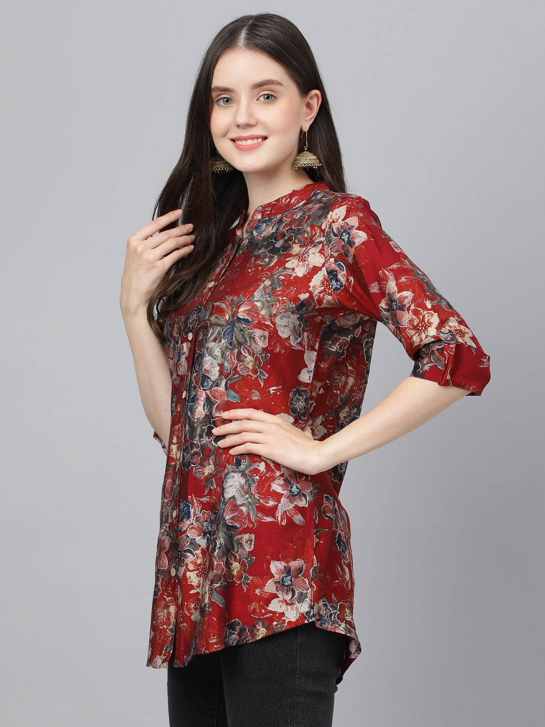 Women Maroon Floral Printed Modal A-Line Shirts Style Top | LASVINI - Redefining Indian Fashion with Elegance