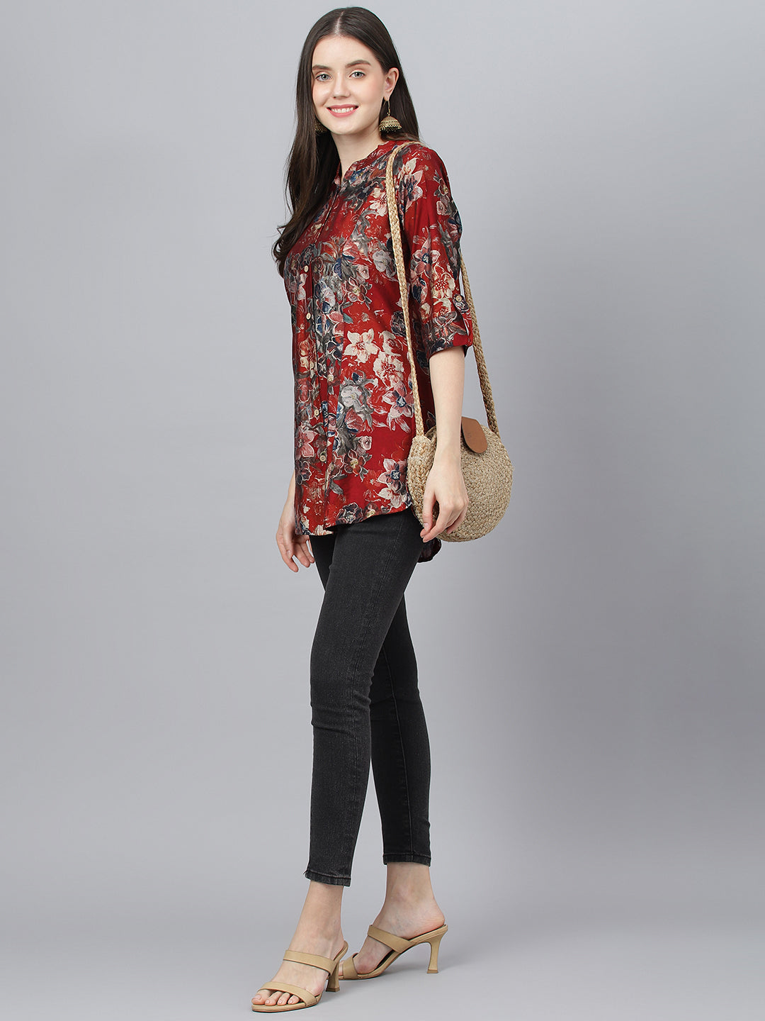 Women Maroon Floral Printed Modal A-Line Shirts Style Top | LASVINI - Redefining Indian Fashion with Elegance