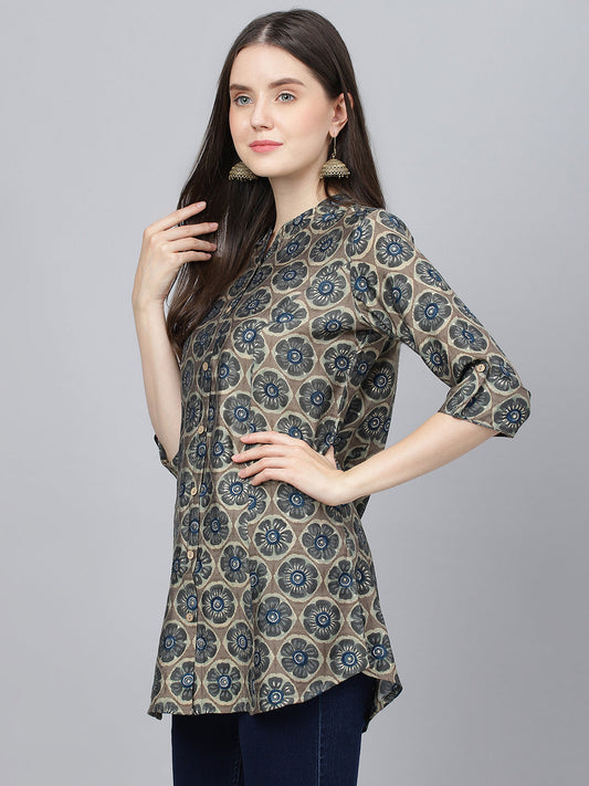 Women Brown Floral Printed Modal A-Line Shirts Style Top | LASVINI - Redefining Indian Fashion with Elegance