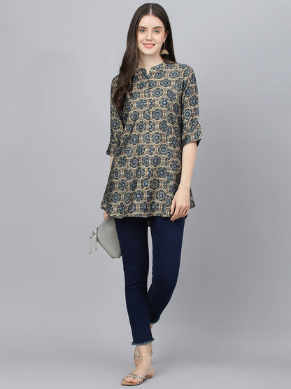 Women Brown Floral Printed Modal A-Line Shirts Style Top | LASVINI - Redefining Indian Fashion with Elegance